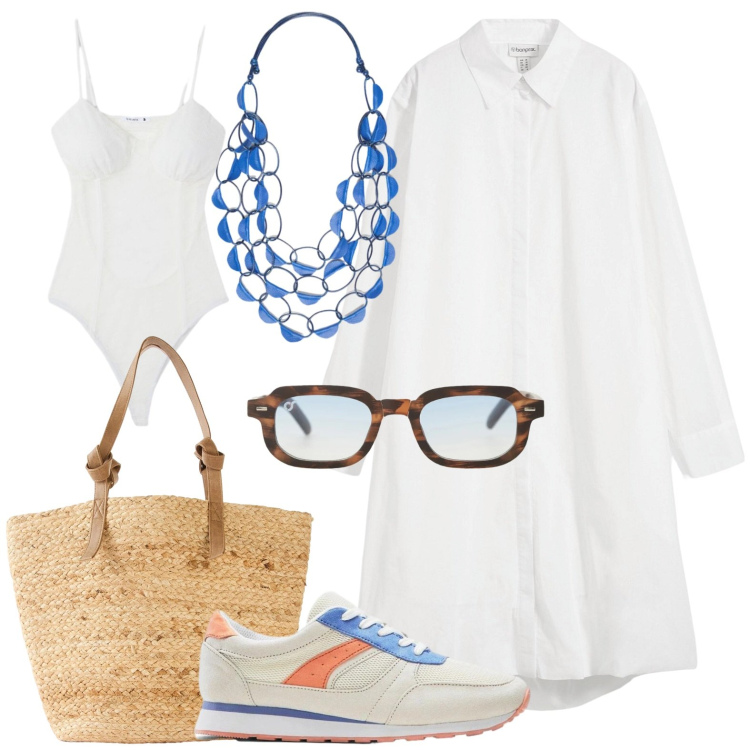 Outfit donna - Assaggio d\'estate curvy style. Stile Etnico per Tutti i giorni. Abbinamento con vestiti chemisier, shopping bag, sneakers, body, collane, occhiali da sole.