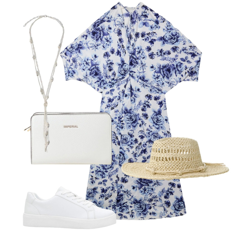 Outfit donna - Il vestito a fiori. Stile Romantica per Tutti i giorni. Abbinamento con sneakers, vestiti lunghi, borse a tracolla, cappelli, collane.