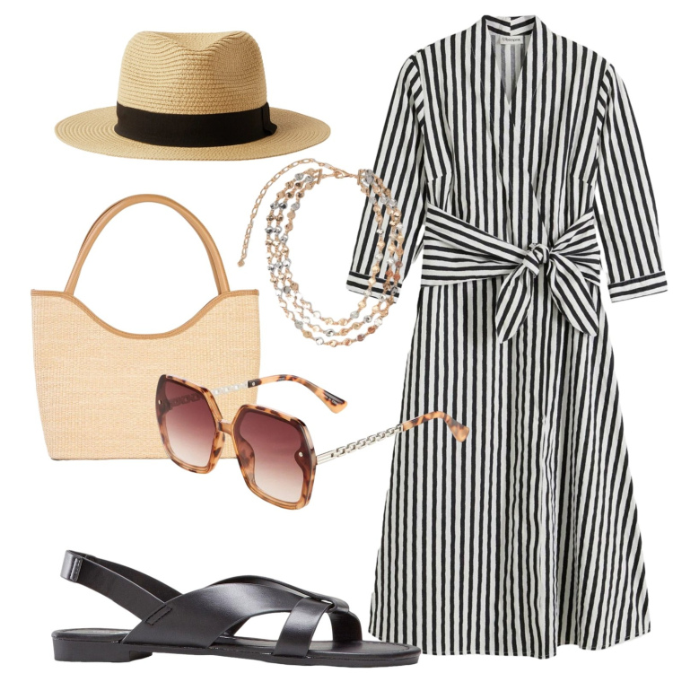 Outfit donna - Fine settimana curvy style. Stile Casual chic per Tutti i giorni. Abbinamento con sandali, vestiti midi/longuette, occhiali da sole, shopping bag, cappelli, collane.