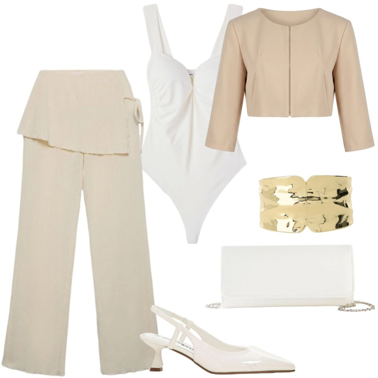 Outfit donna - Total look #2387983. Stile Casual chic per Serata fuori. Abbinamento con décolleté, pochette, pantaloni, top, braccialetti, bolero.