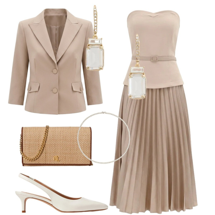 Outfit donna - Total look #2387984. Stile Chic per Cerimonia. Abbinamento con vestiti midi/longuette, blazer, décolleté, orecchini, collane, borse a tracolla.