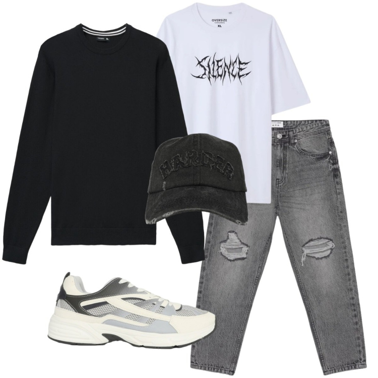 Outfit uomo - Terranova stile economico. Stile Casual per Tutti i giorni. Abbinamento con jeans strappati, sneakers, t-shirt, cappelli con visiera, maglieria.