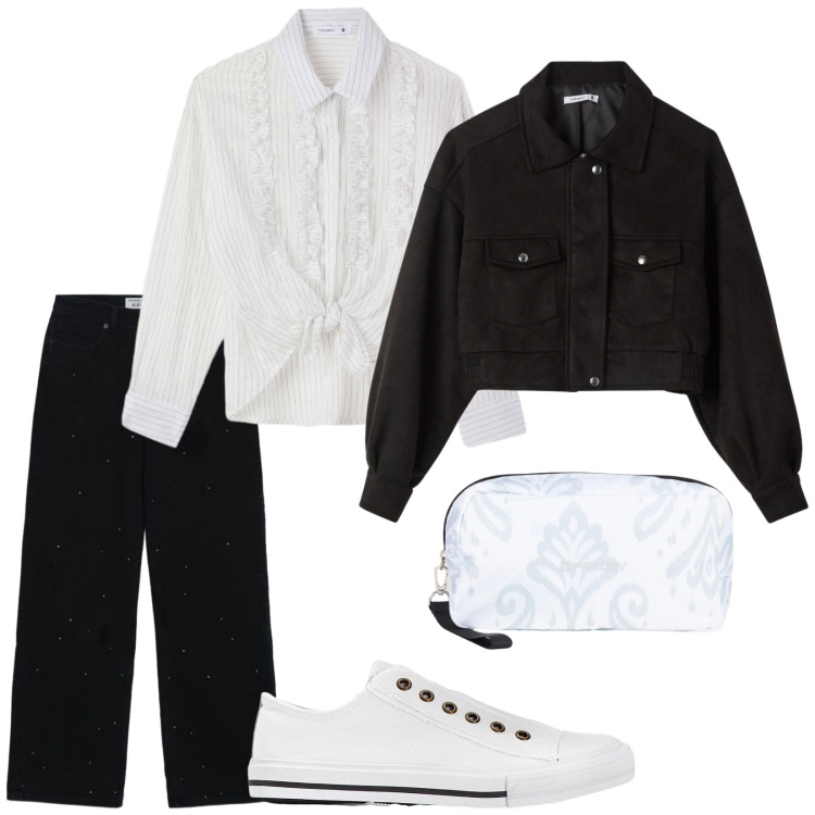 Outfit donna - Invito per un caffè. Stile Casual chic per Tutti i giorni. Abbinamento con sneakers, camicie, bomber, jeans, valigie.