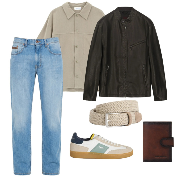 Outfit uomo - Urban. per Tutti i giorni. Abbinamento con camicie a manica corta, portafogli, jeans, cinture, sneakers, giacche.