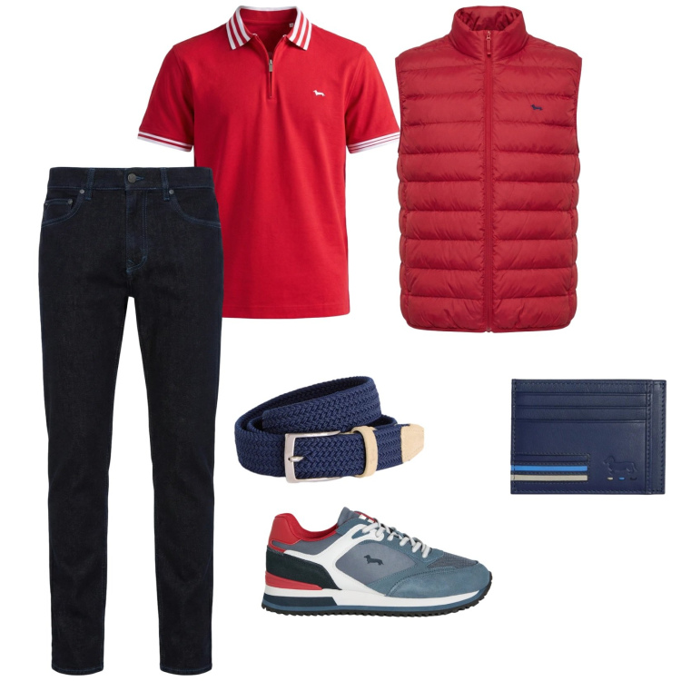 Outfit uomo - Rosso primavera. per Tutti i giorni. Abbinamento con jeans, cinture, portafogli, piumini, polo, sneakers.