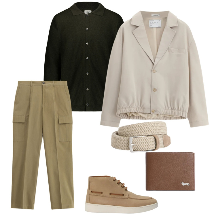 Outfit uomo - Verso l\'estate. per Ufficio. Abbinamento con cinture, portafogli, stivali e stivaletti, pantaloni cargo, giacche, polo.
