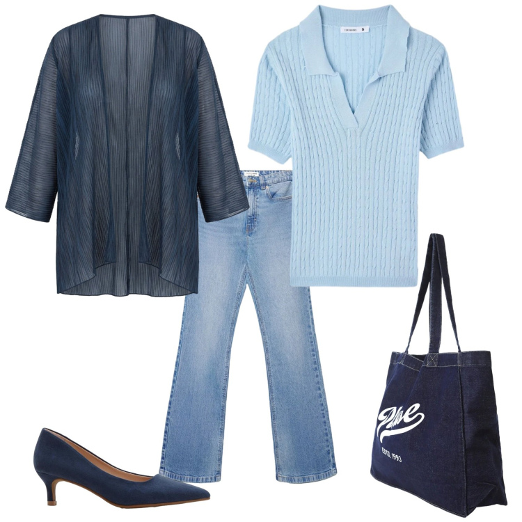 Outfit donna - Total look #2388001. Stile Casual per Tutti i giorni. Abbinamento con décolleté, jeans bootcut, polo, blazer, shopping bag.