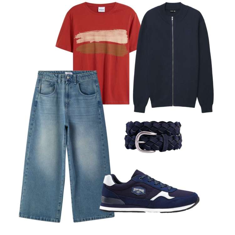Outfit uomo - Everyday. per Tutti i giorni. Abbinamento con sneakers, t-shirt, cardigans, jeans, cinture.