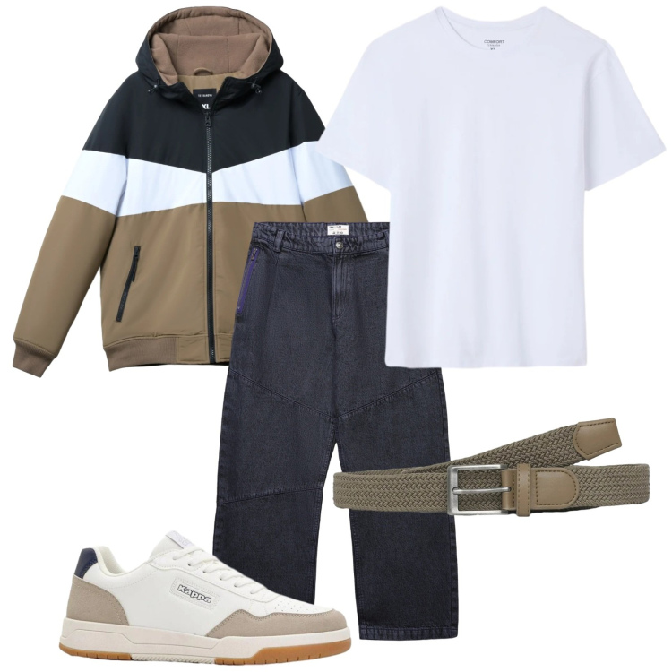 Outfit uomo - Total look #2388008. Stile Urban per Tutti i giorni. Abbinamento con sneakers, cinture, piumini, jeans dritti, t-shirt.