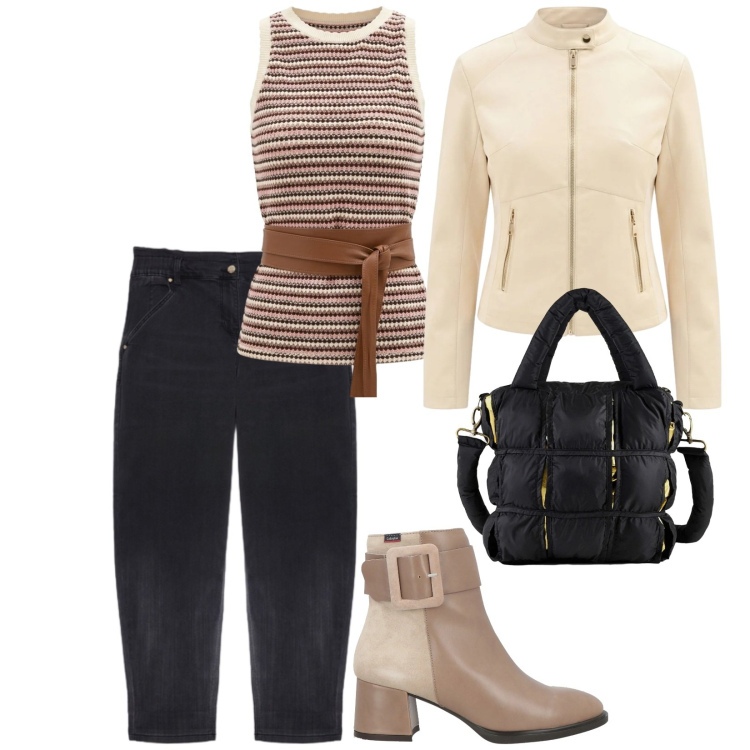 Outfit donna - La borsa nera. per Tutti i giorni. Abbinamento con stivaletti, jeans, giacche, canottiere, borse a mano.