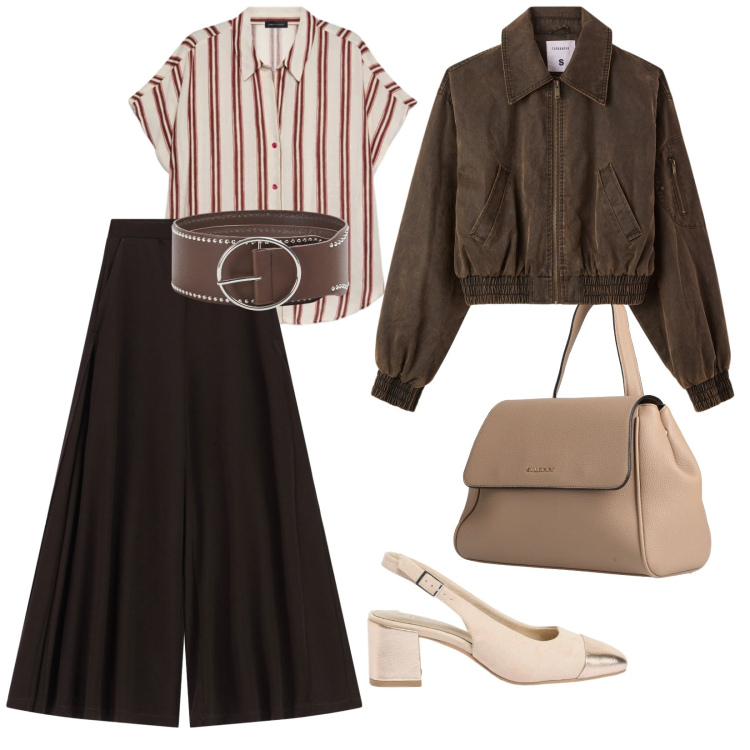 Outfit donna - Pantaloni larghi e décolleté. per Ufficio. Abbinamento con zaini, décolleté, bomber, cinture, camicie a manica corta, pantaloni a palazzo.