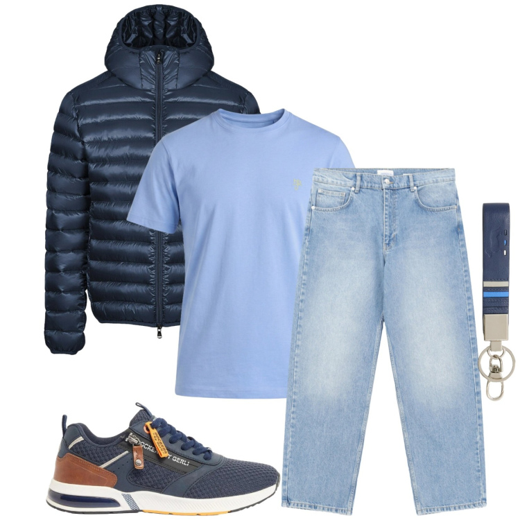 Outfit uomo - Total look #2388015. Stile Casual per Tutti i giorni. Abbinamento con sneakers, jeans, portachiavi, t-shirt, bomber.