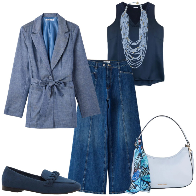 Outfit donna - Tutti i giorni. Stile Casual chic per Tutti i giorni. Abbinamento con mocassini, borse a mano, blazer, jeans, collane, top.