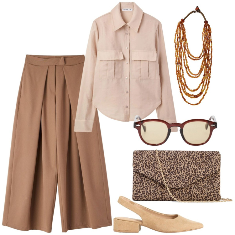Outfit donna - Total look #2388018. Stile Casual chic per Tutti i giorni. Abbinamento con décolleté, clutch, camicie, pantaloni, occhiali da sole, collane.