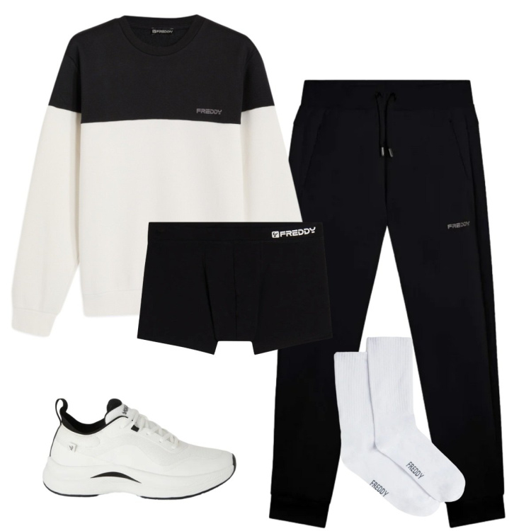 Outfit uomo - Freddy style. Stile Trendy per Sport. Abbinamento con sneakers, pantaloni, felpe, calzini, boxer.