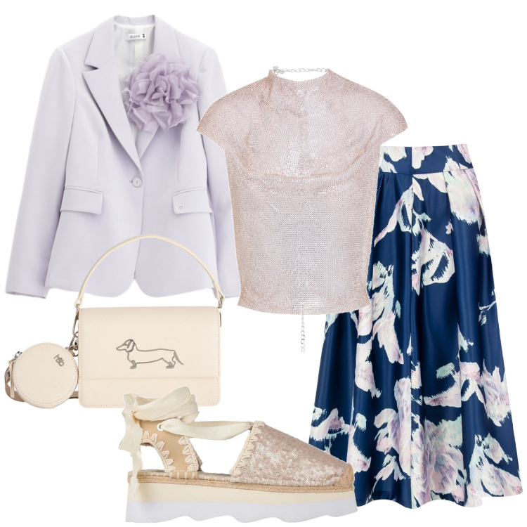 Outfit donna - Total look #2388023. Stile Romantica per Ufficio. Abbinamento con top, décolleté, gonne longuette, blazer, borse a tracolla.