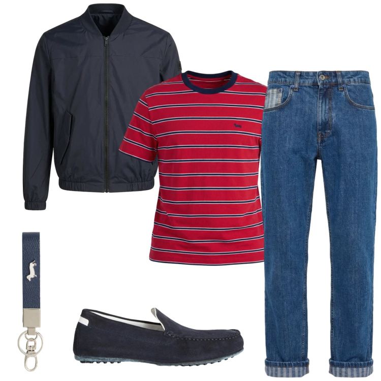 Outfit uomo - Total look #2388026. Stile Urban per Tutti i giorni. Abbinamento con scarpe stringate, portachiavi, t-shirt, jeans, bomber.