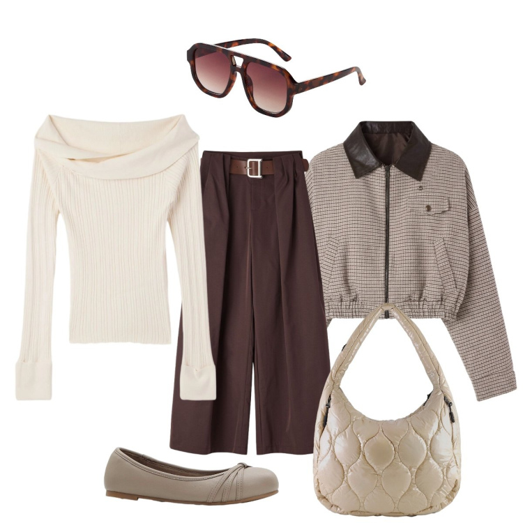 Outfit donna - Il bomber a quadretti. Stile Preppy per Tutti i giorni. Abbinamento con occhiali da sole, ballerine, cappotti, maglieria, pantaloni, borse tote.