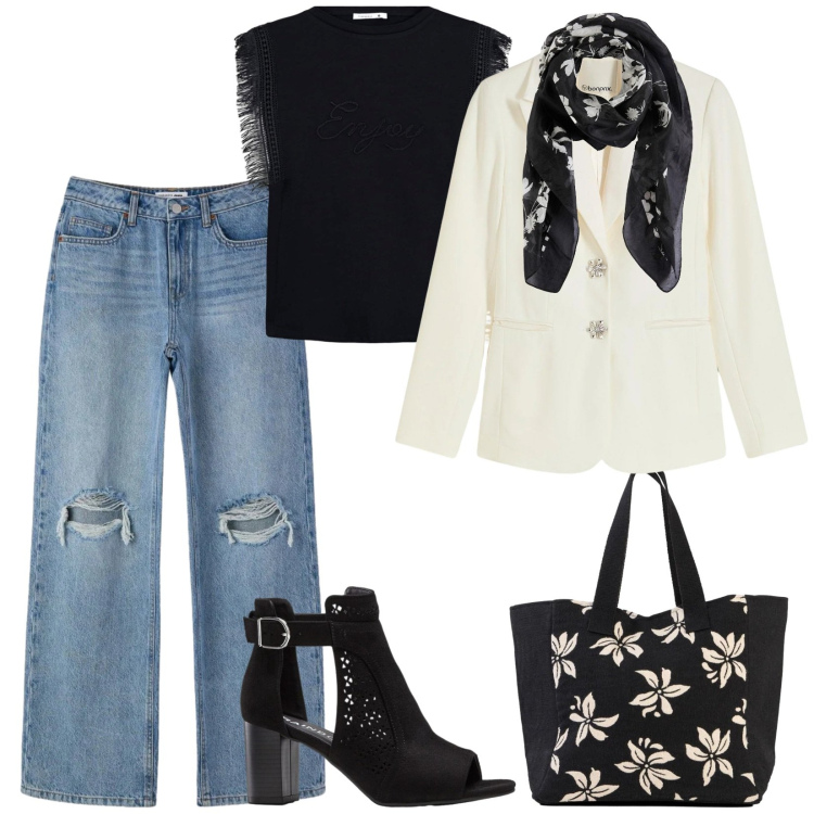 Outfit donna - Total look #2388032. Stile Casual chic per Tutti i giorni. Abbinamento con blazer, foulard, sandali col tacco, shopping bag, t-shirt, jeans strappati.