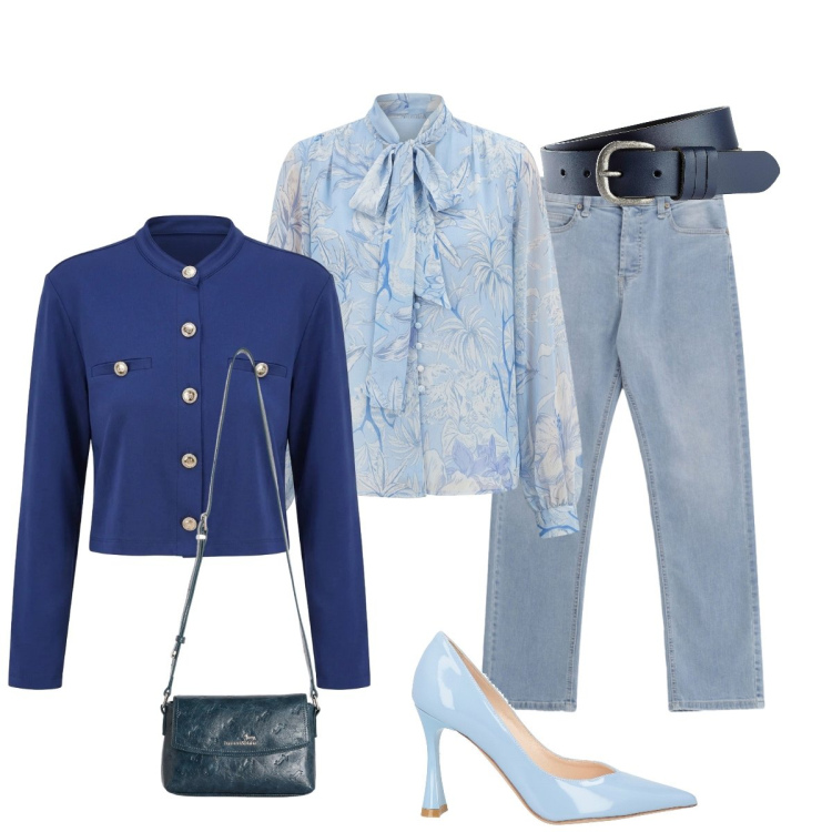 Outfit donna - In città. Stile Chic per Tutti i giorni. Abbinamento con décolleté, cinture, borse a tracolla, jeans, bluse, cardigans.