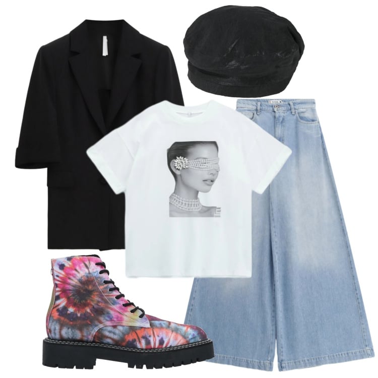 Outfit donna - Total look #2388038. Stile Urban per Ufficio. Abbinamento con stivaletti, cappelli e berretti, jeans, blazer, t-shirt.