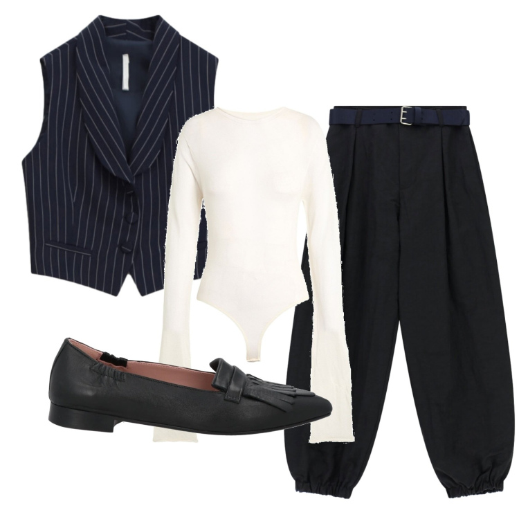 Outfit donna - Total look #2388039. Stile Mannish per Ufficio. Abbinamento con mocassini, body, pantaloni, gilet.