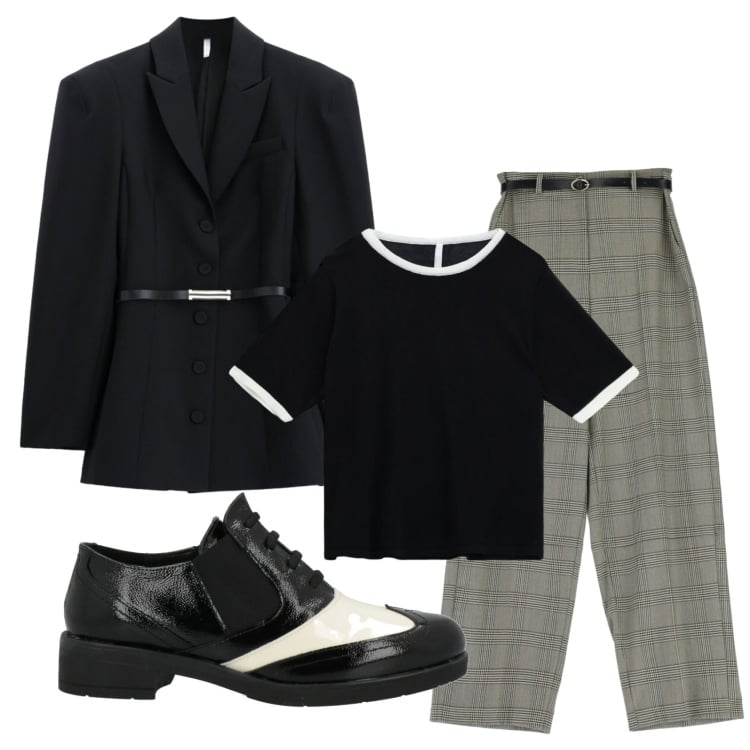 Outfit donna - Total look #2388040. Stile Preppy per Ufficio. Abbinamento con scarpe stringate, pantaloni a palazzo, blazer, t-shirt.