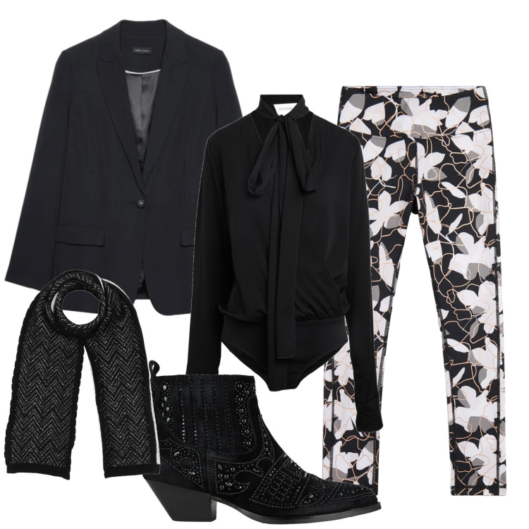 Outfit donna - Total look #2388042. Stile Rock per Ufficio. Abbinamento con body, sciarpe, stivaletti, blazer, leggings.