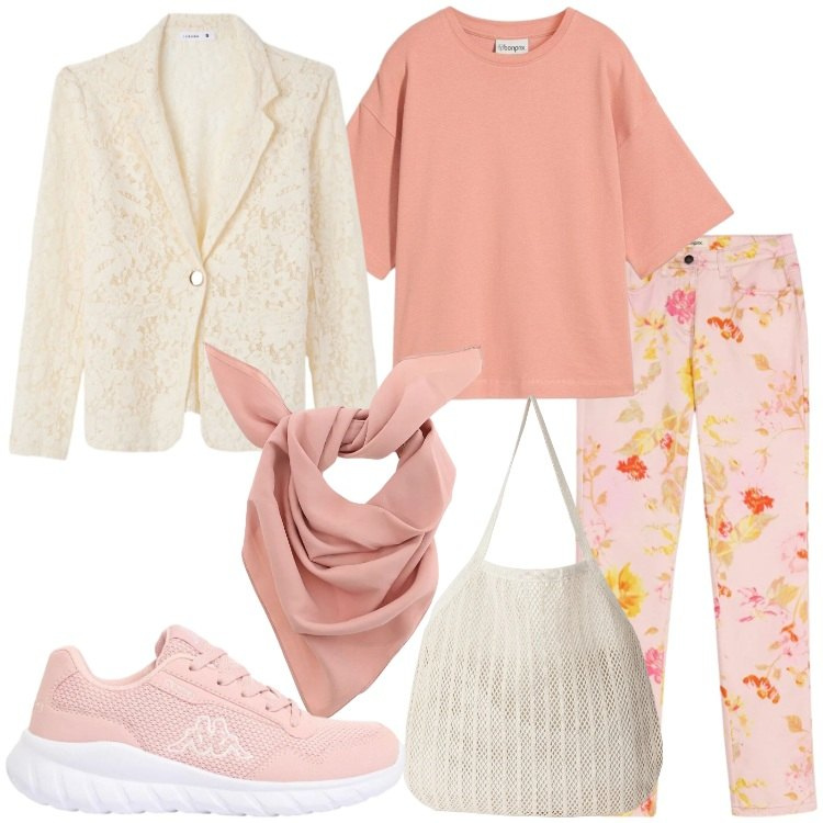 Outfit donna - Les fleurs sont belles" - @lulyna17. Stile Romantica per Serata fuori. Abbinamento con pantaloni, sneakers, t-shirt, blazer, shopping bag, foulard.
