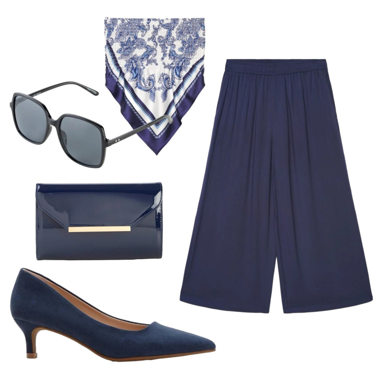 Outfit donna - Total look #2388045. Stile Trendy per Serata fuori. Abbinamento con décolleté, pochette, occhiali da sole, top, pantaloni a palazzo.