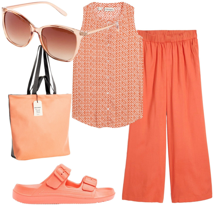 Outfit donna - Total look #2388053. Stile Basic per Tutti i giorni. Abbinamento con pantaloni a palazzo, bluse, occhiali da sole, ciabatte, borse tote.