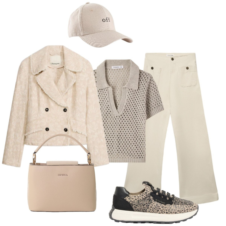 Outfit donna - Aprile in jeans. Stile Casual chic per Tutti i giorni. Abbinamento con blazer, sneakers, cappelli con visiera, polo, jeans, borse a secchiello.
