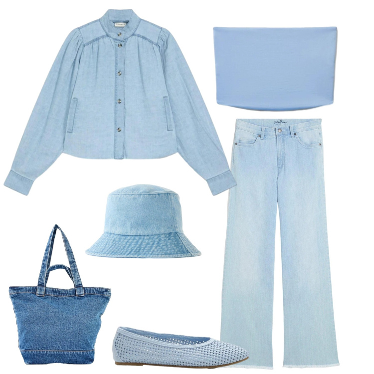 Outfit donna - Total denim. Stile Casual per Tutti i giorni. Abbinamento con jeans, cappelli, cappotti, ballerine, shopping bag, top.