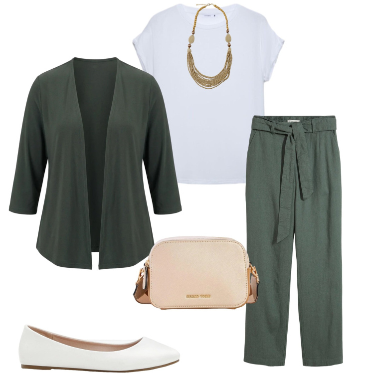 Outfit donna - Classica t-shirt bianca. Stile Casual chic per Ufficio. Abbinamento con pantaloni, borse a tracolla, ballerine, t-shirt, collane, blazer.