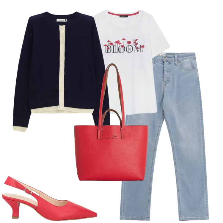 Outfit donna - Total look #2388092. Stile Casual chic per Tutti i giorni. Abbinamento con décolleté, t-shirt, cardigans, jeans, shopping bag.