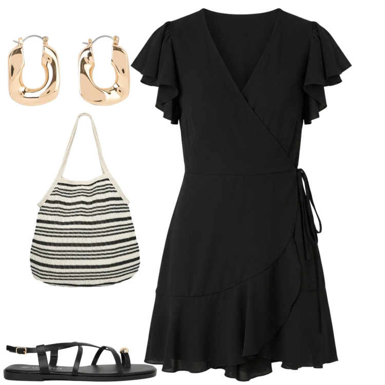 Outfit donna - City. Stile Minimal per Tutti i giorni. Abbinamento con orecchini, vestiti corti, shopping bag, sandali.