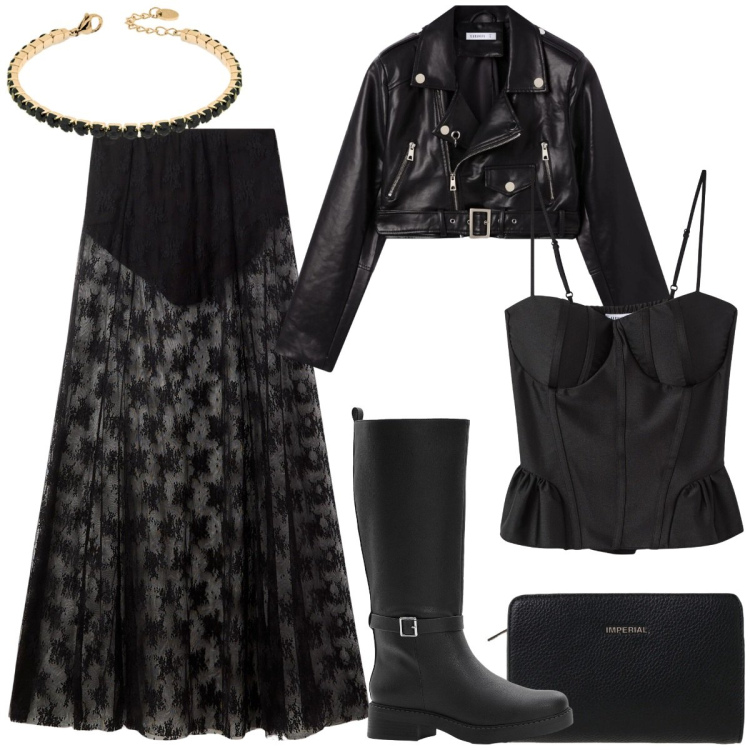 Outfit donna - Total look #2388099. Stile Rock per Serata fuori. Abbinamento con stivali, gonne lunghe, top, giacche, borse a tracolla, braccialetti.
