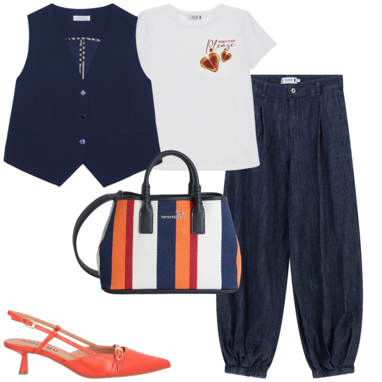 Outfit donna - City. Stile Casual chic per Tutti i giorni. Abbinamento con décolleté, gilet, jeans, t-shirt, shopping bag.