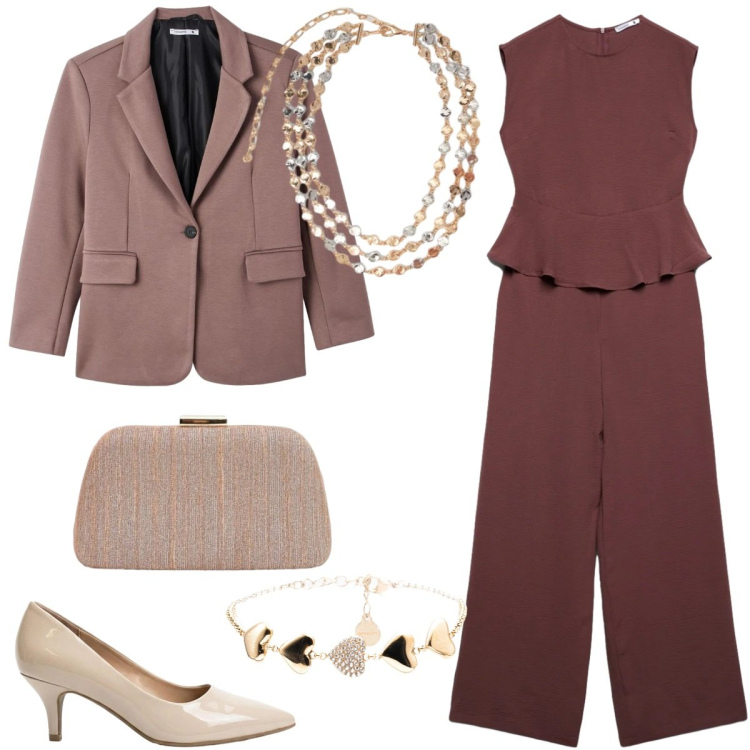 Outfit donna - Total look #2388109. Stile Chic per Serata fuori. Abbinamento con décolleté, tute, blazer, collane, pochette, braccialetti.
