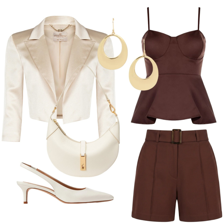 Outfit donna - Eleganza funny. Stile Chic per Cerimonia. Abbinamento con bolero, canottiere, shorts, décolleté, borse a spalla, orecchini.