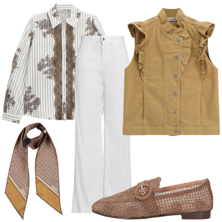 Outfit donna - ​Eleganza Safari in Città. Stile Casual chic per Tutti i giorni. Abbinamento con sciarpe, jeans, mocassini, camicie, gilet.