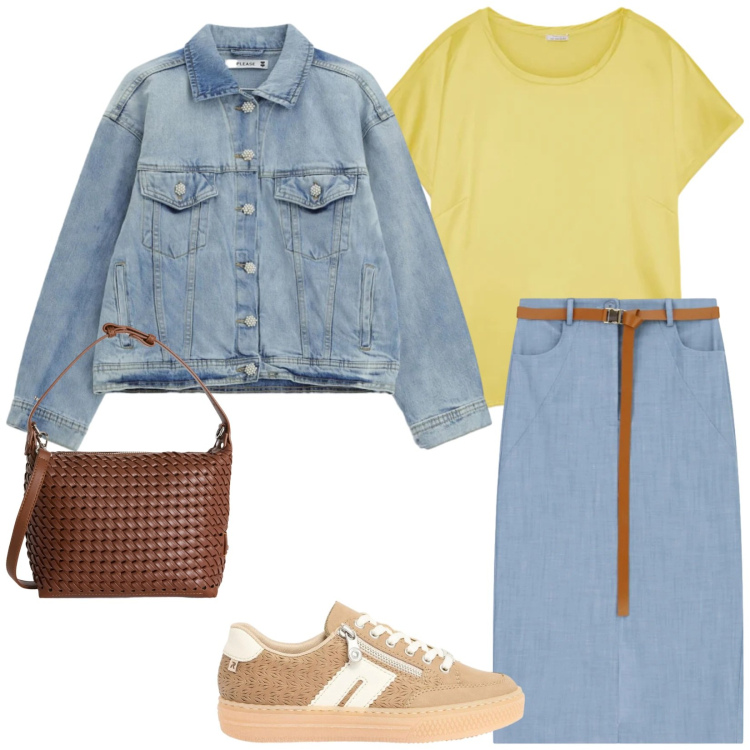 Outfit donna - Giornate serene. Stile Casual per Tutti i giorni. Abbinamento con sneakers, gonne longuette, t-shirt, blazer, borse a spalla.