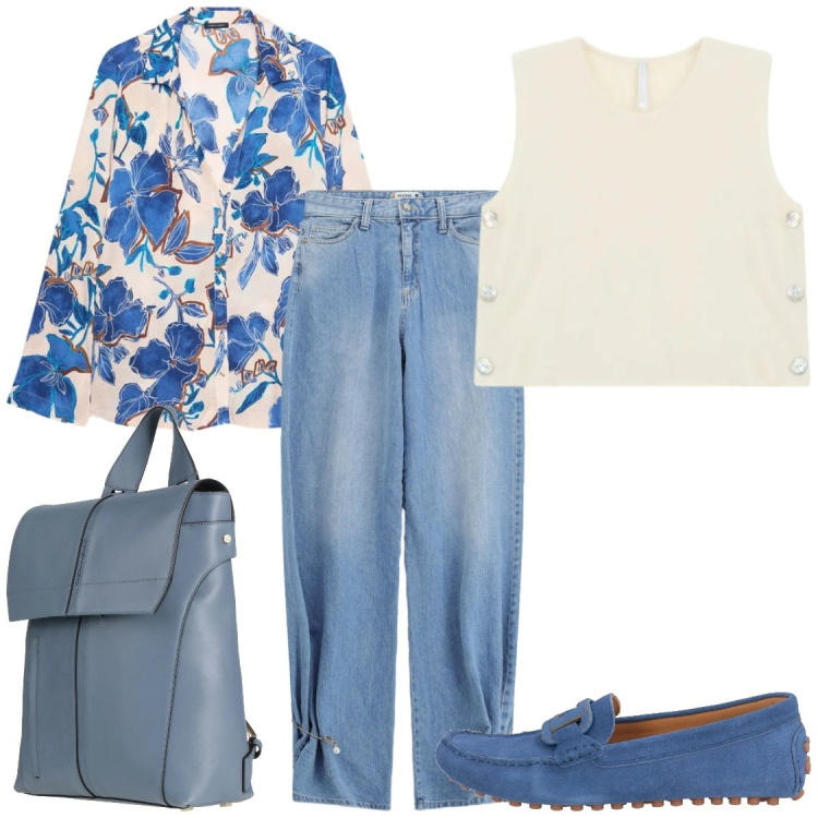 Outfit donna - ​Orizzonti Blu e Brezza di Aprile. Stile Casual chic per Tutti i giorni. Abbinamento con mocassini, zaini, camicie, jeans, top.