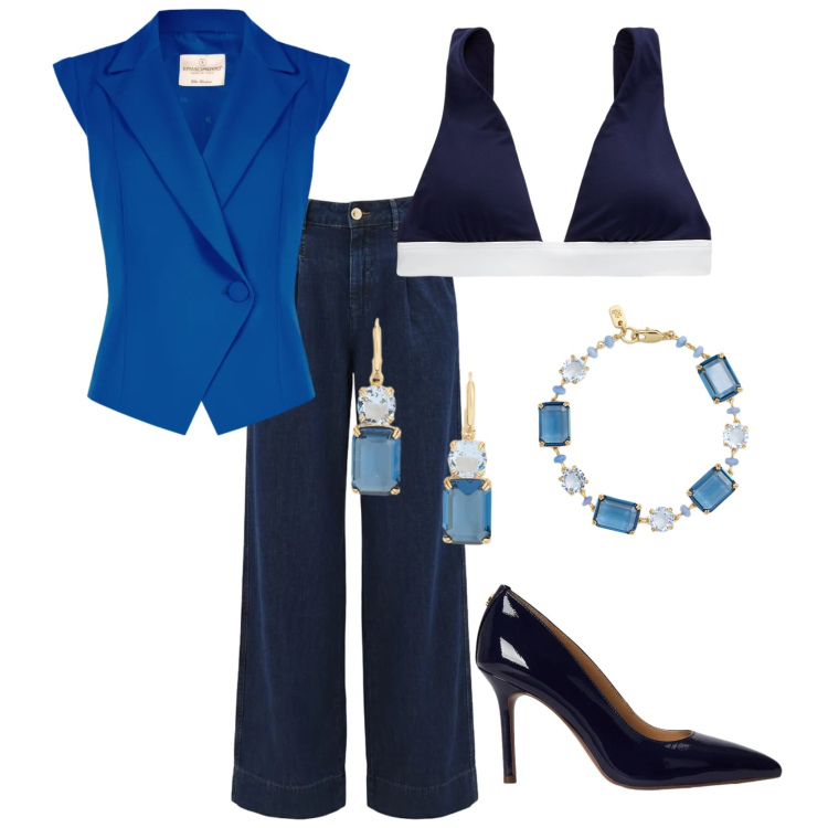 Outfit donna - Eleganza curvy. Stile Glamour per Serata fuori. Abbinamento con gilet, jeans dritti, reggiseni, orecchini, braccialetti, décolleté.