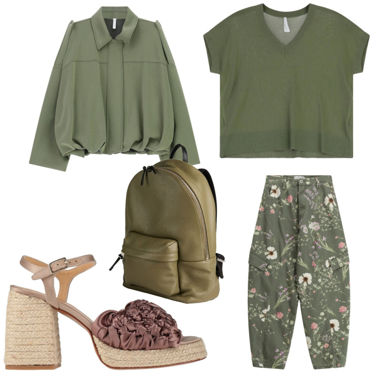 Outfit donna - Verde militare. Stile Casual per Tutti i giorni. Abbinamento con zaini, espadrillas, pantaloni cargo, cappotti, t-shirt.