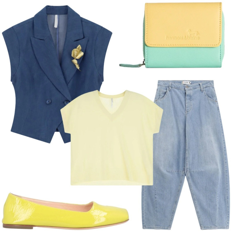 Outfit donna - Spirito preppy sotto il sole di Aprile. Stile Preppy per Tutti i giorni. Abbinamento con ballerine, gilet, t-shirt, jeans, portafogli.