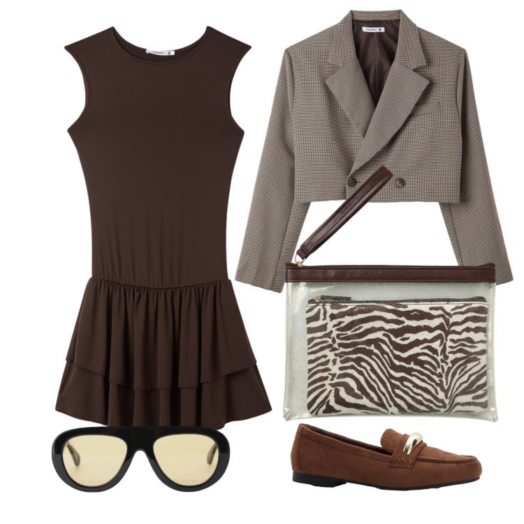 Outfit donna - Aprile. Stile Trendy per Tutti i giorni. Abbinamento con mocassini, blazer, vestiti corti, pochette, occhiali da sole.