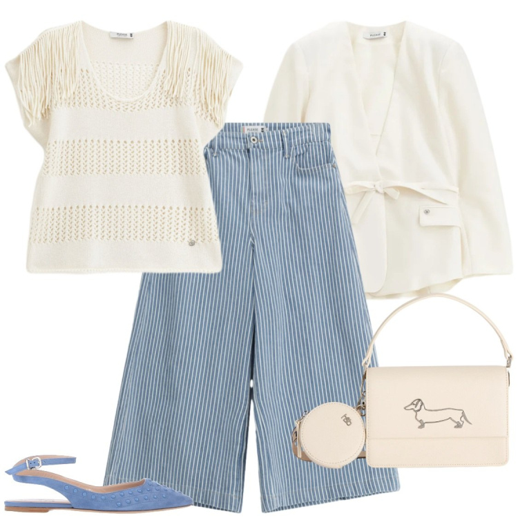 Outfit donna - Righe Marine e Dettagli Boho-Chic. Stile Casual chic per Ufficio. Abbinamento con ballerine, top, jeans, blazer, borse a tracolla.