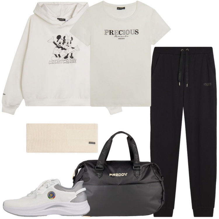 Outfit donna - Total look #2388148. Stile Sporty chic per Sport. Abbinamento con felpe con cappuccio, pantaloni, borse sportive, accessori per capelli, t-shirt, scarpe sportive.