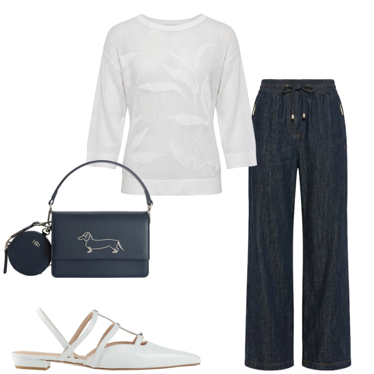 Outfit donna - Casual chic. Stile Casual chic per Tutti i giorni. Abbinamento con ballerine, pantaloni, maglieria, borse a tracolla.